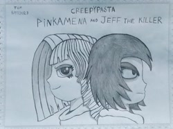 Size: 1768x1318 | Tagged: safe, artist:tom artista, pinkie pie, human, g4, art, creepypasta, crossover, evil, evil counterpart, hair, hair styling, humanized, jeff the killer, meme, pinkamena diane pie, sketch, terror