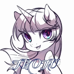 Size: 1080x1080 | Tagged: safe, artist:tkotu1, twilight sparkle, alicorn, pony, g4, bust, eye clipping through hair, female, looking at you, mare, open mouth, open smile, partial color, signature, simple background, smiling, smiling at you, solo, twilight sparkle (alicorn), white background