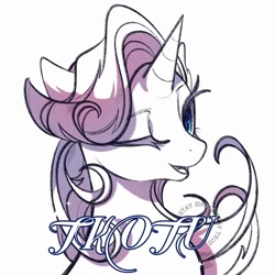 Size: 1080x1080 | Tagged: safe, artist:tkotu1, rarity, pony, unicorn, g4, bust, female, looking at you, mare, one eye closed, open mouth, open smile, partial color, signature, simple background, smiling, solo, white background, wink, winking at you