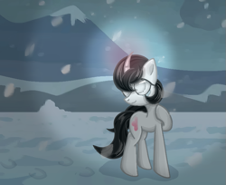 Size: 715x584 | Tagged: safe, artist:taoyvfei, oc, oc:taoyvfei, pony, unicorn, curved horn, female, horn, light, magic, snow, snowfield, teary eyes, unicorn oc