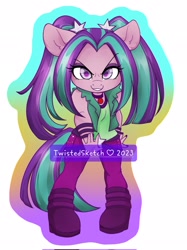 Size: 1535x2048 | Tagged: safe, artist:twisted-sketch, aria blaze, anthro, plantigrade anthro, g4, clothes, equestria girls outfit, eyebrows, eyebrows visible through hair, female, grin, looking at you, mare, outline, simple background, smiling, smirk, solo, white background