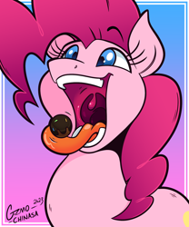 Size: 1250x1500 | Tagged: safe, artist:gizmochinasa, pinkie pie, earth pony, pony, g4, candy, chocolate, drool, drool string, eating, esophagus, female, food, gradient background, imminent nom, mawshot, open mouth, oral invitation, saliva puddle, salivating, signature, slimy, solo, sprinkles, throat, tongue out, uvula