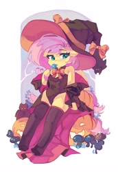 Size: 2826x4096 | Tagged: safe, artist:saxopi, fluttershy, bat, pegasus, semi-anthro, g4, arm hooves, candy, clothes, costume, cute, eating, female, food, giant hat, halloween, halloween costume, hat, holiday, hoof hold, jack-o-lantern, jacket, leotard, lollipop, mare, pumpkin, shyabetes, simple background, sitting, white background, witch costume