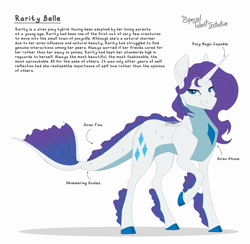 Size: 10192x9952 | Tagged: safe, artist:parrpitched, rarity, hybrid, pony, siren, unicorn, comic:the special talent initiative, g4, closed mouth, cloven hooves, colored hooves, concave belly, design, female, fins, gradient tail, headcanon, lidded eyes, looking at you, raised hoof, redesign, scales, simple background, slit pupils, smiling, solo, standing, tail, tail fin, text, white background