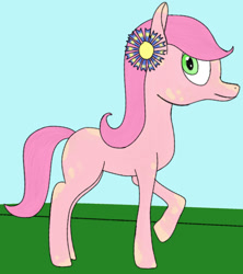 Size: 1339x1506 | Tagged: safe, artist:ramdom_player201, oc, oc only, earth pony, pony, female, flower, flower in hair, green eyes, mare, pink fur, pink pony, solo, splotches