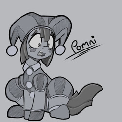 Size: 1083x1080 | Tagged: safe, artist:alazak, earth pony, pony, female, hat, jester, jester hat, jester outfit, mare, monochrome, open mouth, pomni, ponified, ponmi, solo, the amazing digital circus