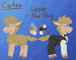 Size: 2000x1603 | Tagged: safe, artist:lil_vampirecj, oc, oc only, oc:carlos (sheep), sheep, clothes, female, reference sheet, solo, tomboy