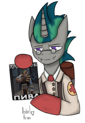 Size: 1788x2603 | Tagged: safe, artist:ashel_aras, oc, oc only, pony, unicorn, clothes, commission, cyrillic, fangs, meme, russian, simple background, solo, suit, team fortress 2, transparent background