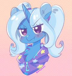 Size: 1789x1873 | Tagged: safe, artist:kaikururu, gameloft, trixie, pony, unicorn, g4, :t, abstract background, alternate hairstyle, babysitter trixie, blushing, bust, chest fluff, clothes, cute, diatrixes, eyebrows, female, gameloft interpretation, gradient background, hoodie, horn, looking at you, mare, no pupils, pigtails, portrait, signature, solo, tsundere, tsunderixie