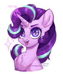 Size: 2400x2800 | Tagged: safe, artist:avroras_world, starlight glimmer, pony, unicorn, g4, bust, chest fluff, colored eyebrows, cute, eyebrows, female, glimmerbetes, glowing, glowing horn, high res, horn, looking at you, magic, magic aura, mare, open mouth, open smile, signature, simple background, smiling, smiling at you, solo, sparkles, white background