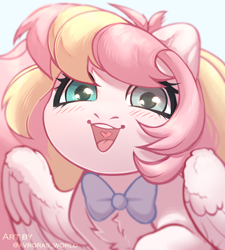 Size: 2700x3000 | Tagged: safe, artist:avroras_world, oc, oc only, oc:ninny, pegasus, pony, blushing, bowtie, chest fluff, cute, female, high res, looking at you, mare, ocbetes, open mouth, open smile, pegasus oc, signature, smiling, smiling at you, solo, wings