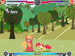 Size: 636x477 | Tagged: safe, apple bloom, applejack, big macintosh, sweetie belle, earth pony, pony, robot, robot pony, unicorn, fighting is magic, g4, apple orchard, female, filly, foal, mare, orchard, palette swap, recolor, sweetie bot