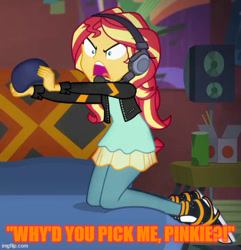 Size: 500x519 | Tagged: safe, edit, screencap, sunset shimmer, equestria girls, g4, game stream, my little pony equestria girls: better together, caption, dokapon kingdom, female, image macro, implied pinkie pie, meme, protonjon, text, therunawayguys