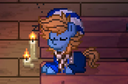 Size: 829x544 | Tagged: safe, oc, oc only, oc:blue cookie, earth pony, pony, pony town, bench, candle, clothes, earth pony oc, eyes closed, male, onomatopoeia, photo, pixel art, scarf, sleeping, solo, sound effects, winter outfit, zzz