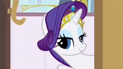 Size: 1920x1080 | Tagged: safe, screencap, rarity, pony, unicorn, g4, sweet and elite, crown, door, female, jewelry, looking at you, regalia, solo, song