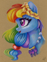Size: 900x1200 | Tagged: safe, artist:maytee, rainbow dash, pegasus, pony, g4, the best night ever, alternate hairstyle, bust, clothes, colored pencil drawing, dress, female, gala dress, jewelry, necklace, portrait, profile, smiling, solo, traditional art
