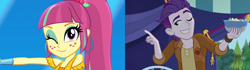 Size: 3840x1080 | Tagged: safe, edit, edited screencap, screencap, dirk thistleweed, sour sweet, human, accountibilibuddies, accountibilibuddies: rainbow dash, equestria girls, equestria girls specials, g4, my little pony equestria girls: better together, my little pony equestria girls: dance magic, dance magic (song), disco dress, ear piercing, earring, female, jewelry, male, one eye closed, piercing, ship:sourweed, shipping, shoulderless, smiling, straight, wink