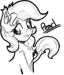 Size: 679x799 | Tagged: safe, artist:alazak, oc, oc only, oc:pearl, earth pony, pony, aside glance, bust, chest fluff, ear fluff, earth pony oc, female, grayscale, looking at you, mare, monochrome, name, shoulder fluff, simple background, smiling, smiling at you, solo, three quarter view, white background