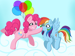 Size: 3072x2304 | Tagged: safe, artist:duckyia, pinkie pie, rainbow dash, earth pony, pegasus, pony, g4, balloon, blue background, boop, butt, butt tail, chest fluff, cloud, ear fluff, female, floating, flying, happy, high res, plot, raised hoof, ship:pinkiedash, shipping, shocked, shocked expression, simple background, sky, smiling, then watch her balloons lift her up to the sky