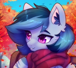 Size: 3470x3094 | Tagged: safe, artist:radioaxi, oc, oc only, pegasus, pony, autumn, bench, bust, clothes, ear fluff, female, high res, lidded eyes, mare, pegasus oc, scarf, smiling, solo, tree