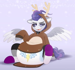 Size: 1920x1795 | Tagged: safe, artist:shuphle, oc, oc only, oc:dread, pegasus, pony, g4, abdl, adult diaper, adult foal, antlers, clothes, diaper, diaper butt, diaper fetish, diapered, eye scar, facial scar, fangs, fetish, grey fur, hood, hood up, hooves, impossibly large diaper, male, non-baby in diaper, onesie, purple eyes, romper, scar, sitting, smiling, socks, solo, stallion, tattoo, wonderbolts