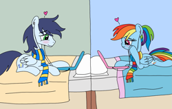 Size: 1129x720 | Tagged: safe, artist:dasher666, artist:dreamyeevee, edit, rainbow dash, soarin', pegasus, pony, g4, bed, clothes, computer, earbuds, female, laptop computer, male, mare, scarf, ship:soarindash, shipping, stallion, straight, striped scarf, teenager