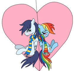 Size: 752x720 | Tagged: safe, artist:dasher666, artist:dreamyeevee, edit, rainbow dash, soarin', pegasus, pony, g4, clothes, female, male, mare, scarf, ship:soarindash, shipping, simple background, stallion, straight, striped scarf, teenager, white background