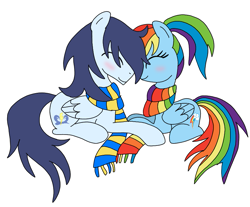 Size: 869x720 | Tagged: safe, artist:dasher666, artist:dreamyeevee, edit, rainbow dash, soarin', pegasus, pony, g4, clothes, female, male, mare, scarf, ship:soarindash, shipping, simple background, stallion, straight, striped scarf, teenager, white background
