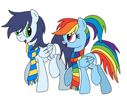 Size: 882x720 | Tagged: safe, artist:dasher666, artist:dreamyeevee, edit, rainbow dash, soarin', pegasus, pony, g4, clothes, female, male, mare, scarf, ship:soarindash, shipping, simple background, stallion, straight, striped scarf, teenager, white background