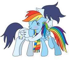 Size: 885x720 | Tagged: safe, artist:dasher666, artist:dreamyeevee, edit, rainbow dash, soarin', pegasus, pony, g4, clothes, female, male, mare, scarf, ship:soarindash, shipping, simple background, stallion, straight, striped scarf, teenager, white background
