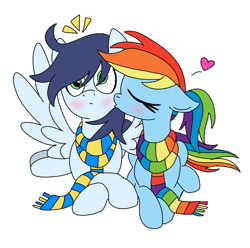 Size: 725x720 | Tagged: safe, artist:dasher666, artist:dreamyeevee, edit, rainbow dash, soarin', pegasus, pony, g4, cheek kiss, clothes, female, kissing, male, mare, scarf, ship:soarindash, shipping, simple background, stallion, straight, striped scarf, surprise kiss, teenager, white background