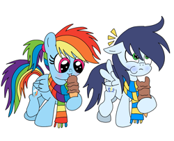 Size: 887x720 | Tagged: safe, artist:dasher666, artist:dreamyeevee, edit, rainbow dash, soarin', pegasus, pony, g4, brain freeze, clothes, colt, colt soarin', female, filly, filly rainbow dash, foal, food, ice cream, male, scarf, ship:soarindash, shipping, simple background, straight, striped scarf, white background, younger
