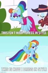 Size: 500x750 | Tagged: safe, edit, edited screencap, screencap, rainbow dash, rarity, g4, sparkle's seven, suited for success, alternate hairstyle, caption, clothes, detective rarity, dress, gala dress, image macro, imgflip, impact font, megaradash, meme, rainbow dash always dresses in style, text
