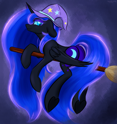 Size: 2359x2500 | Tagged: safe, artist:renarde-louve, nightmare moon, alicorn, pony, g4, aside glance, broom, female, floppy ears, flying, flying broomstick, hat, high res, looking at you, lying down, mare, prone, smiling, smiling at you, solo, wings, witch hat