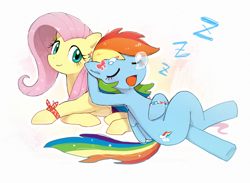 Size: 3000x2200 | Tagged: safe, artist:fuyugi, fluttershy, rainbow dash, pegasus, pony, g4, crossed legs, drool, duo, eyes closed, folded wings, hair accessory, high res, looking at you, lying down, on back, onomatopoeia, open mouth, prone, sleeping, snoring, snot bubble, sound effects, wings, wristband, zzz