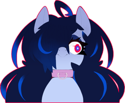 Size: 1339x1101 | Tagged: safe, artist:ephemilie, oc, oc only, oc:ephemilie, blue mane, collar, eyeshadow, female, glowing, glowing eyes, highlights, makeup, simple background, solo, transparent background