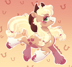 Size: 2236x2063 | Tagged: safe, artist:bishopony, applejack, earth pony, pony, g4, blush scribble, blushing, coat markings, female, gradient background, high res, lidded eyes, looking at you, mare, smiling, smiling at you, socks (coat markings), solo, trotting