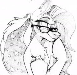 Size: 2210x2160 | Tagged: safe, artist:wacky-skiff, oc, oc only, oc:star dust, pegasus, pony, black and white, bust, chest fluff, ear fluff, ear piercing, eyebrows, eyelashes, eyeliner, eyeshadow, femboy, glasses, grayscale, half body, high res, inktober, long mane, looking at someone, looking at something, loose hair, makeup, male, monochrome, one eye closed, pegasus oc, piercing, raised hoof, requested art, simple background, sketch, smiling, smirk, solo, stars, traditional art, white background, wings
