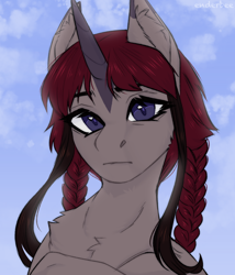 Size: 2400x2800 | Tagged: safe, artist:enderbee, oc, oc only, oc:dakota samsa, pony, unicorn, braid, bust, cloud, colored sketch, female, high res, portrait, sketch, sky, solo