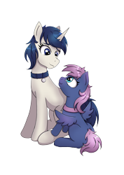 Size: 3508x4961 | Tagged: safe, artist:alicetriestodraw, oc, oc only, oc:mysza, oc:upluck, pegasus, pony, unicorn, blank flank, collar, duo, duo female, female, filly, foal, looking at each other, looking at someone, mare, simple background, transparent background