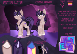 Size: 3840x2700 | Tagged: safe, artist:lbrcloud, oc, oc only, oc:eventide luster, crystal pony, crystal unicorn, pony, unicorn, female, high res, reference sheet, solo