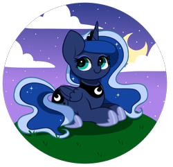 Size: 3056x2941 | Tagged: safe, artist:kittyrosie, princess luna, alicorn, pony, g4, blushing, cloud, crescent moon, cute, ethereal mane, ethereal tail, female, high res, kittyrosie is trying to murder us, looking at you, lunabetes, lying down, mare, moon, night, smiling, smiling at you, solo, starry eyes, starry night, stars, tail, weapons-grade cute, wingding eyes