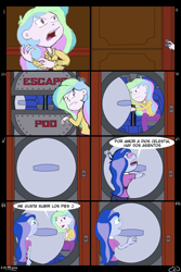 Size: 4134x6201 | Tagged: safe, artist:elovital, princess celestia, princess luna, principal celestia, vice principal luna, human, equestria girls, g4, comic, dialogue, duo, escape pod, female, open mouth, reference, siblings, simpsons did it, sisters, spanish, speech bubble, teeth