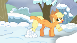 Size: 3840x2160 | Tagged: safe, alternate version, artist:starry swirl, applejack, earth pony, pony, g4, my little pony best gift ever, female, high res, mare, scene interpretation, snow, snowball, solo