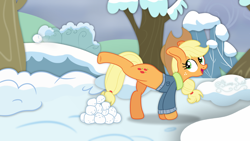 Size: 3840x2160 | Tagged: safe, artist:starry swirl, applejack, earth pony, pony, g4, my little pony best gift ever, clothes, female, high res, mare, scene interpretation, snow, snowball, solo, winter outfit