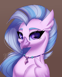Size: 2000x2500 | Tagged: safe, artist:skyboundsiren, silverstream, hippogriff, g4, bust, canon, female, folded wings, high res, jewelry, looking at you, necklace, portrait, signature, smiling, solo, wings