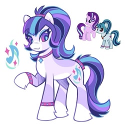 Size: 717x717 | Tagged: safe, artist:celozias, sonata dusk, starlight glimmer, pony, g4, bracelet, coat markings, commission, equestria girls ponified, eyeshadow, facial markings, female, fusion, fusion:sonata dusk, fusion:starlight glimmer, gradient eyes, jewelry, kin fusion, kinsona, makeup, mare, mealy mouth (coat marking), pale belly, ponified, raised hoof, simple background, smiling, socks (coat markings), solo, standing, white background, white belly