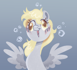 Size: 2012x1824 | Tagged: safe, artist:bishopony, derpy hooves, pegasus, pony, g4, blush scribble, blush sticker, blushing, bubble, bust, colored pupils, cute, derp, derpabetes, female, gradient background, happy, mare, open mouth, open smile, portrait, smiling, solo, spread wings, wings