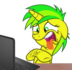 Size: 4000x3890 | Tagged: safe, artist:kaitykat117, oc, oc only, oc:flower love(kaitykat), pony, unicorn, g4, base used, computer, cringing, disgusted, ears back, internet, laptop computer, open mouth, raised hoof, reaction, simple background, solo, teeth, tongue out, transparent background, uvula, vector