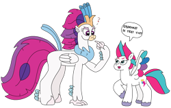 Size: 3108x1960 | Tagged: safe, artist:supahdonarudo, queen novo, zipp storm, classical hippogriff, hippogriff, pegasus, pony, series:novoember, g4, g5, my little pony: the movie, colored wings, dialogue, duo, generation leap, looking at each other, looking at someone, question mark, redraw, simple background, speech bubble, text, transparent background, wings